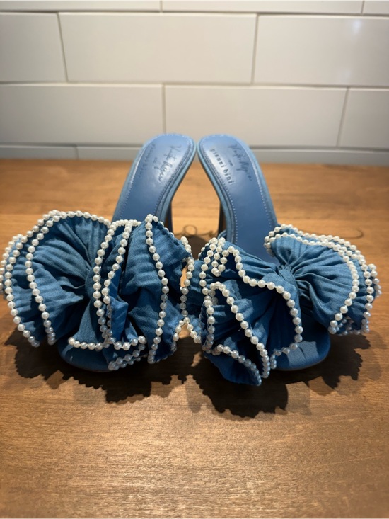 Gianni Bini Shoes - Gianni Bini Blue Pearl-Trim Ruffle Slide Heels